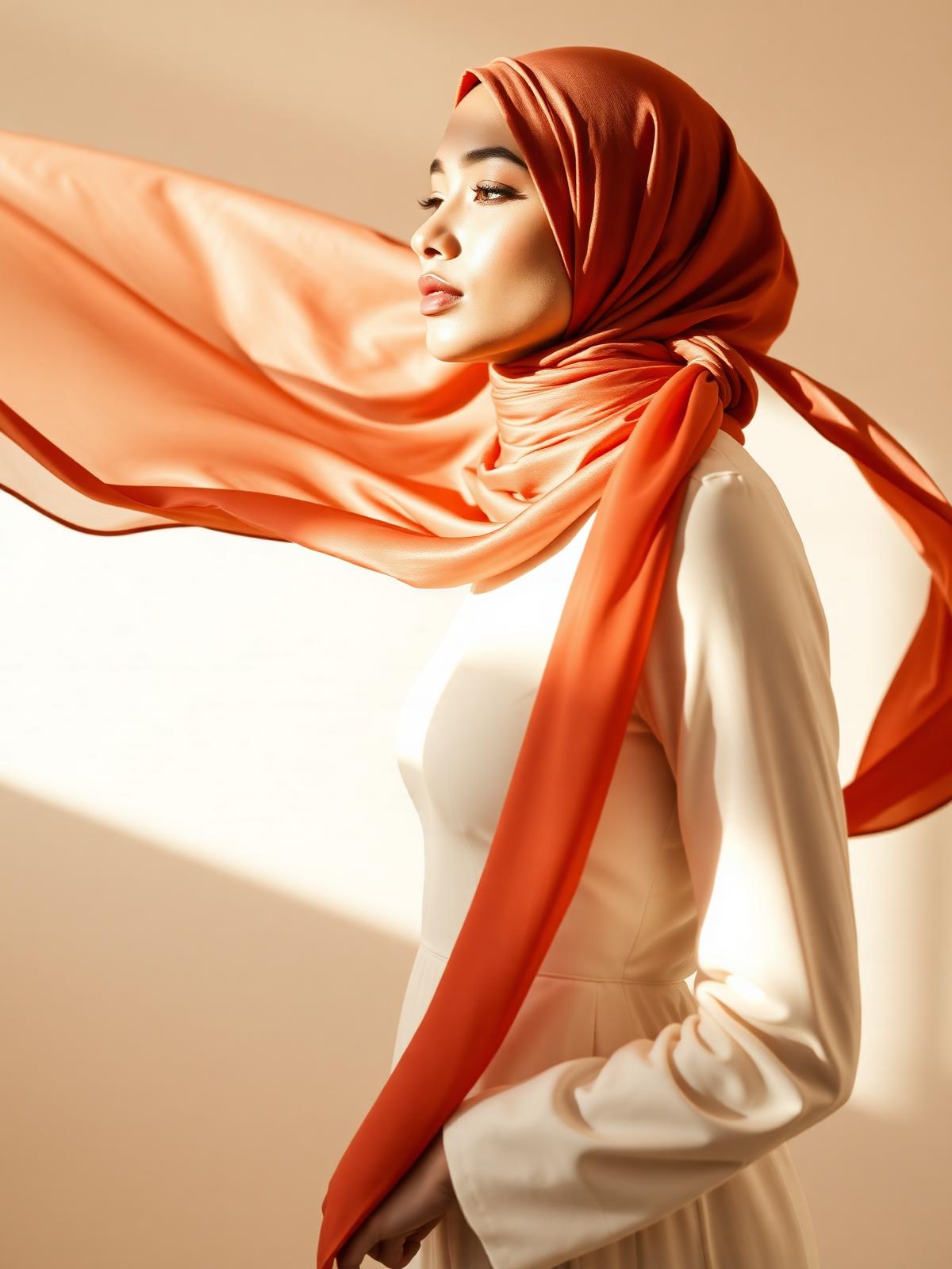 Woman wearing a flowing terracotta silk hijab in soft sunlight